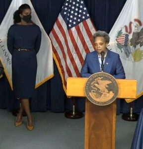 Chicago Mayor Lori Lightfoot speaks during a news conference Sunday in Chicago to announce the deployment of 375 Illinois National Guard soldiers to the city, where there have been protests this weekend over the death of George Floyd in police custody Monday, May 25, in Minneapolis. (Credit: blueroomstream.com)