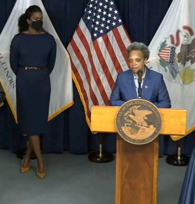 Chicago Mayor Lori Lightfoot speaks during a news conference Sunday in Chicago to announce the deployment of 375 Illinois National Guard soldiers to the city, where there have been protests this weekend over the death of George Floyd in police custody Monday, May 25, in Minneapolis. (Credit: blueroomstream.com)
