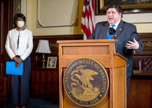 File Photo: Gov. JB Pritzker answers reporters’ questions during a COVID-19 briefing May 22 in his office at the Capitol in Springfield. (Pool photo by Justin L. Fowler/State Journal-Register)