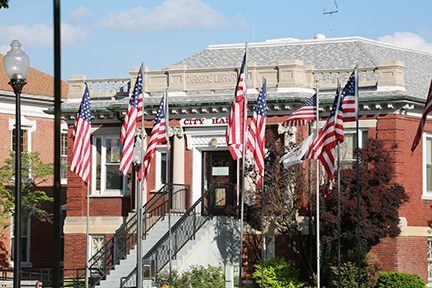 Flags in front of Beardstown's City Hall.