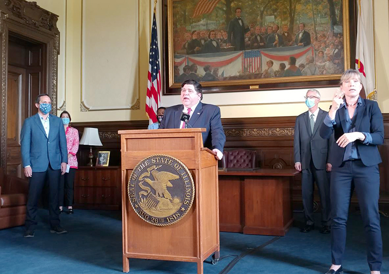 Gov. JB Pritzker talks about the recently concluded legislative session during a news conference Sunday in office at the Capitol in Springifield. (Capitol News Illinois photo by Jerry Nowicki)