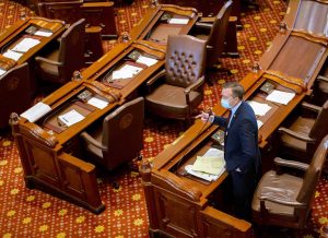 Sen. Andy Manar, D-Bunker Hill, delivers his remarks during debate on the Senate floor at the Illinois State Capitol on Friday in Springfield. (Pool photo by Justin L. Fowler/State Journal-Register)