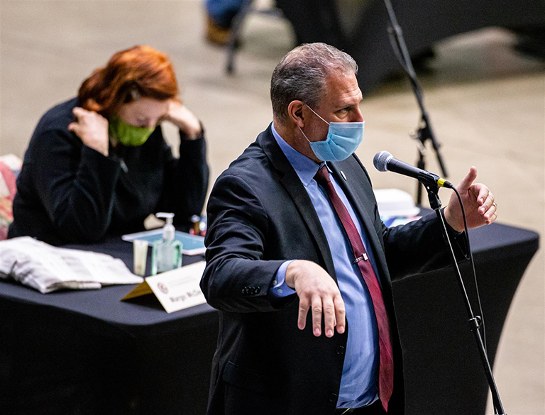 Rep. Keith R. Wheeler, R-Oswego, asks questions during debate of SB 671, a bill extending emergency rules on telehealth provisions related to the COVID-19 pandemic, during an extended session of the Illinois House of Representatives on Saturday at the Bank of Springfield Center in Springfield. (Pool photo/Justin L. Fowler/The State Journal-Register]