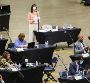 Rep. Kelly Burke, D-Evergreen Park, answers questions about vote-by-mail legislation during the spring legislative session last month. Gov. JB Pritzker signed the vote-by-mail measure Tuesday. (Pool photograph by Ted Schurter of The State Journal-Register in Springfield.)
