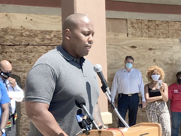 Rep. Kambium Buckner speaks at a news conference of the Illinois Legislative Black Caucus Tuesday on Chicago's south side. (Credit: IL Senate Democrats on Twitter)