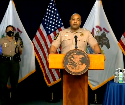 Lt. Col. David Byrd, Deputy Director of the Illinois State Police, speaks at a news conference about ISP's role in responding to protests over the death of George Floyd, an unarmed black man, who died under a white police officer's knee in Minneapolis last week. Byrd said as a black man, he was hurt by Floyd’s death. As an officer, he said he was also “ashamed” when he watched the footage. (Credit: Blueroomstream.com)
