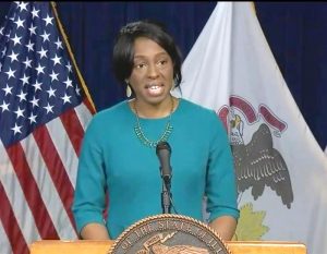 Illinois Department of Public Health Director Dr. Ngozi Ezike speaks at a COVID-19 briefing in April. (Credit: Blueroomstream.com)