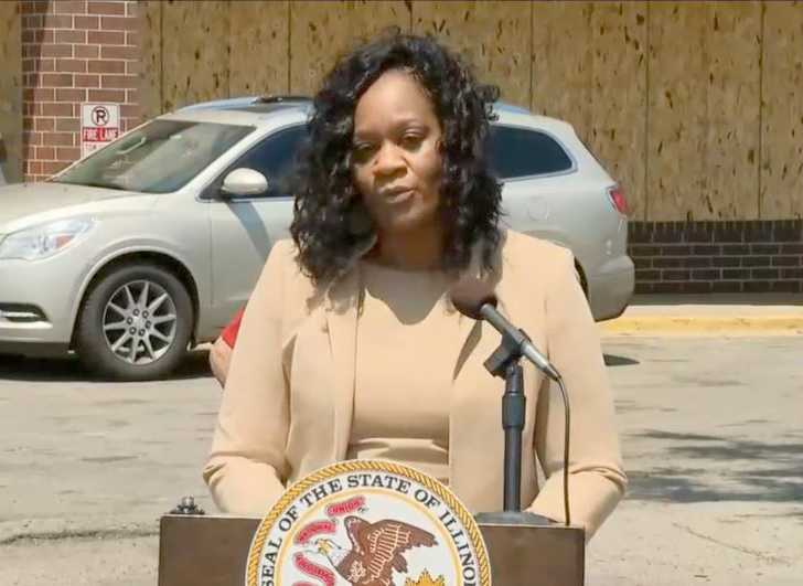 Senate Majority Leader Kimberly Lightford, D-Maywood, speaks at a news conference Wednesday on the west side of Chicago as she joins Gov. JB Pritzker in unveiling $900 million in aid programs related to COVID-19 and property damage resulting from civil unrest. (Credit: Blueroomstream.com)
