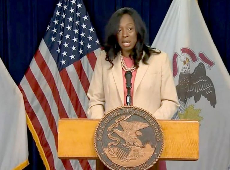 Illinois Public Health Director Dr. Ngozi Ezike announces the latest COVID-19 statistics during a news conference Wednesday in Chicago. (Credit: blueroomstream.com)