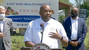 East St. Louis Mayor Robert Eastern III talks during a news conference Monday in his city about his recovery from COVID-19 this spring. "I never felt that bad in my life," he said. "I was scared not knowing what the outcome may be.” (Credit: blueroomstream.com)