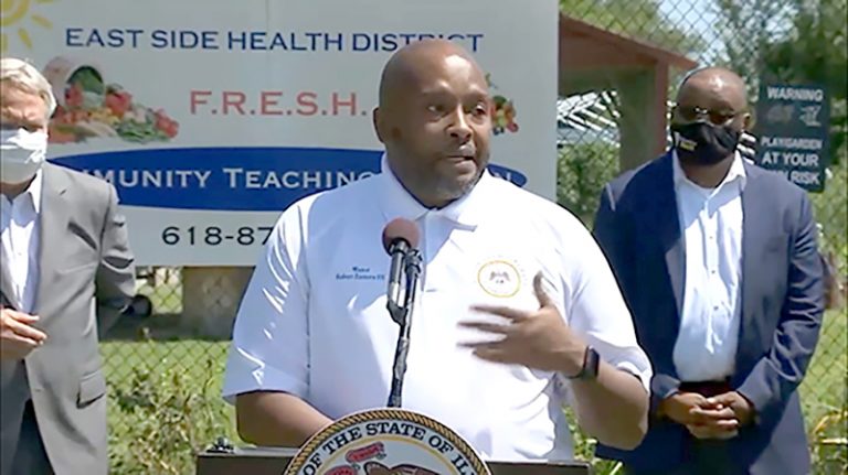 East St. Louis Mayor Robert Eastern III talks during a news conference Monday in his city about his recovery from COVID-19 this spring. "I never felt that bad in my life," he said. "I was scared not knowing what the outcome may be.” (Credit: blueroomstream.com)