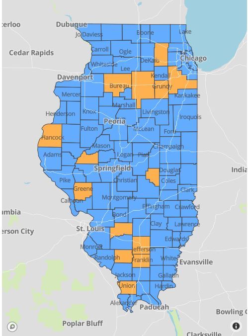 This Illinois Department of Public Health map shows the 14 counties in the state now considered to be in a 'warning' zone of having to return to some previous restrictions because of COVID-19 statistical increases.