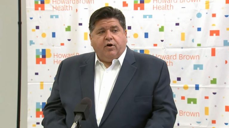 Gov. JB Pritzker announces the release of $140 million in federally-funded grants to Federally Qualified Health Centers, safety net hospitals and long-term care facilities during a news conference Friday at Howard Brown Health Center in Chicago. (Credit: blueroomstream.com)