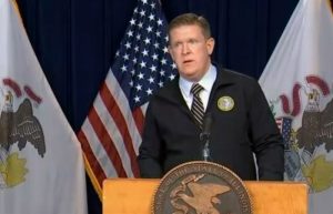 Illinois State Police Director Brendan Kelly addresses the agency's enforcement plan for COVID-19 mitigations Wednesday at Gov. JB Pritzker's daily COVID-19 briefing in Chicago. (Credit: Blueroomstream.com)