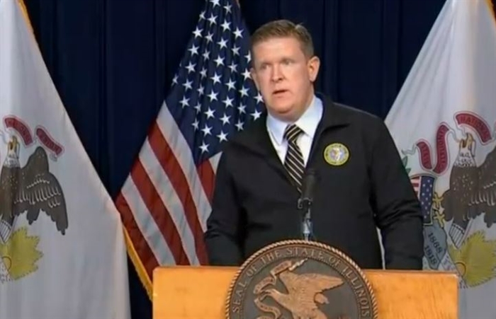 Illinois State Police Director Brendan Kelly addresses the agency's enforcement plan for COVID-19 mitigations Wednesday at Gov. JB Pritzker's daily COVID-19 briefing in Chicago. (Credit: Blueroomstream.com)