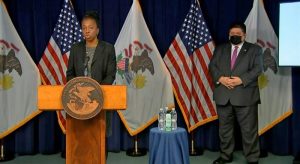 Illinois Department of Public Health Director Dr. Ngozi Ezike and Gov. JB Pritzker urge Illinois residents to remain home as much as possible during the next three weeks, including over the Thanksgiving Day weekend, to help control the spread of COVID-19. (Credit: Blueroomstream.com)