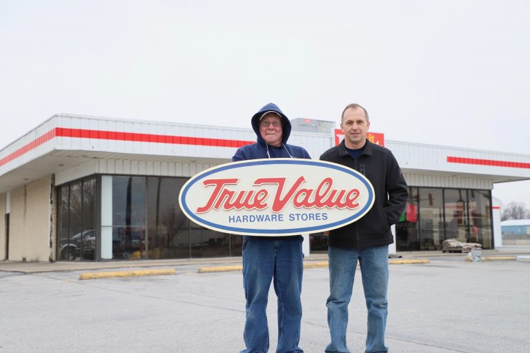 On the move — Beardstown True Value Hardware owners Steve Heiderscheit and George Bishop will be moving their hardware store and Just Ask Rental operations from their present location in Beardstown Plaza to the former R & H Farm and Home store at the Junction of Grand Ave and Routes 67/100/125.  The store’s relocation is expected to be completed by March 1. (Photo by Brian DeLoche.)
