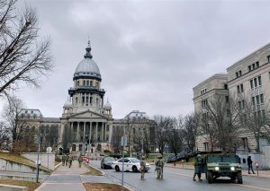 The Illinois State Capitol is pictured on a quiet afternoon Sunday, Jan. 17 in downtown Springfield. There were no protesters in sight for much of the day despite the heavy Illinois National Guard presence in the streets with military humvees and traffic blockades outside the Illinois Capitol. About 250 Illinois National Guard members were deployed to the Capitol as the FBI warned of armed planned protests at state capitals across the country over the weekend.