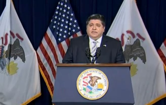 Gov. JB Pritzker gives an update on the state's COVID-19 response Thursday from the James R. Thompson Center in Chicago. He announced all of the state's residents outside of Chicago will be vaccine eligible beginning April 12, and he added a bridge phase to his reopening plan. (Credit: Illinois.gov)