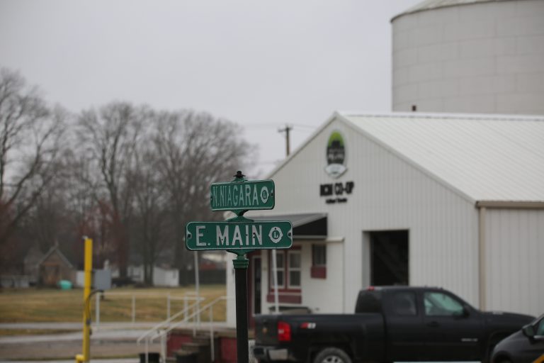 Disputed territory — RCM, owners of the Rich Co-op elevator in Ashland, claim a title search gives them control over the portion of N. Niagara that runs between East Main Street and Freemont. The Ashland Village Board, however, is disputing that claim, alleging years of maintenance performed on the street gives them ownership of the property.   (Photo by Brian DeLoche.)