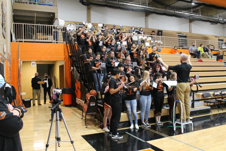 The Beardstown High School Band performs at a recent boys basketball game.
