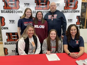 Front row left to right are BHS volleyball coach Emily Vermilion, Farin Carlock and Hannibal-Lagrange coach Maliah Blakemore. Back row are Micah Carlock, who is a sophomore at Hannibal-LaGrange, Kris Carlock and Hugh Carlock.