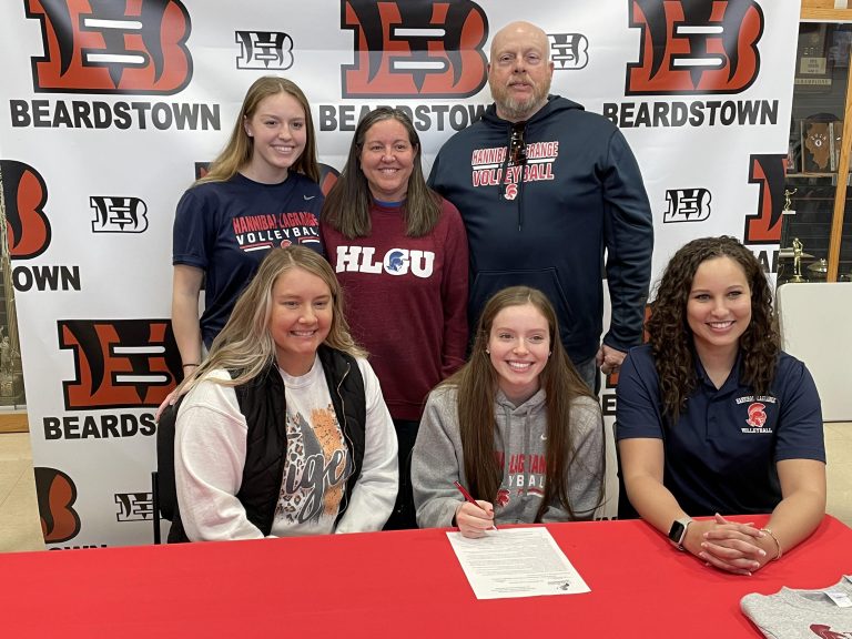 Front row left to right are BHS volleyball coach Emily Vermilion, Farin Carlock and Hannibal-Lagrange coach Maliah Blakemore. Back row are Micah Carlock, who is a sophomore at Hannibal-LaGrange, Kris Carlock and Hugh Carlock.