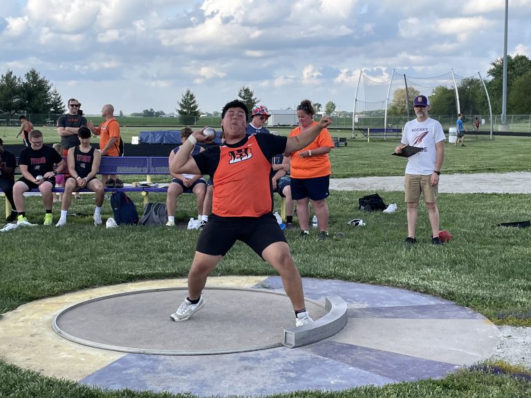 Isaac Guadarrama of Beardstown throws the shot put during the IHSA sectional track meet held last week in Rushville.		    Photo by Bill Mitchell