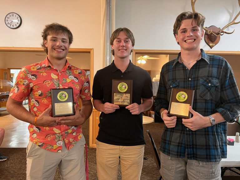 Pictured left to right are 2022 BHS Baseball Award Winners Micah Wink- Highest Batting Average, Jacob Pate- Lowest Earned Run Average and William Davidsmeier- Most Valuable Player.