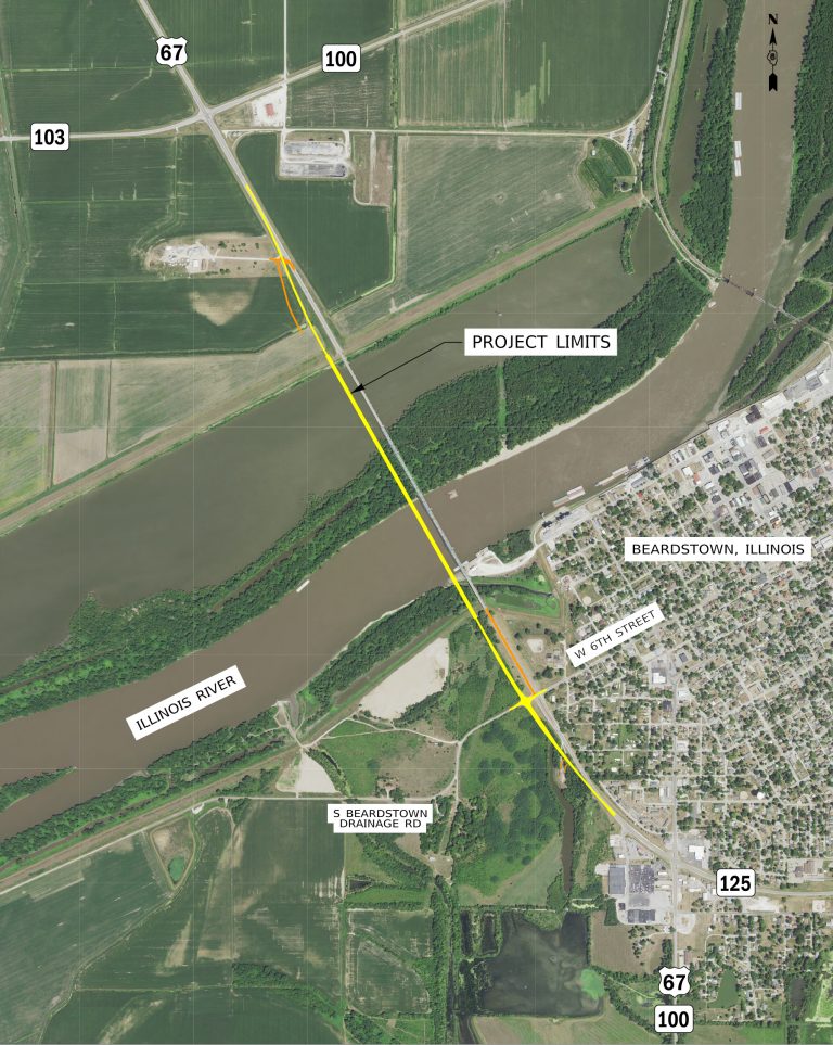 The yellow line on the left is the proposed new bridge and the lighter line is the next to it is the current bridge.