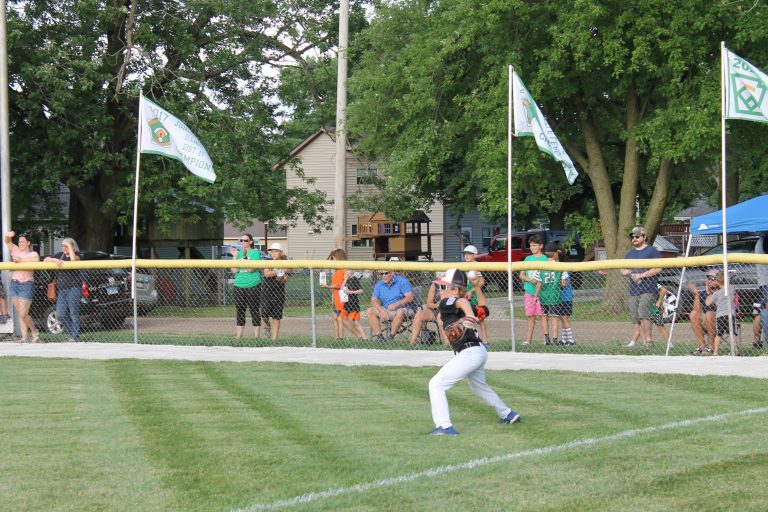 Tiger 11/12 year old All Star right fielder P.J. Swan wheels and throws to the cut off man after fielding a ball in the right corner in a title game loss to Brown County in Mt. Sterling. Photo by Brockschmidt