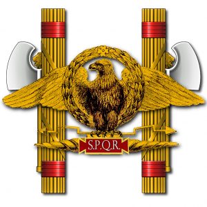 Two fasces with the imperial eagle. S.P.Q.R. is an abbreviation of “Senatus Populusque Romanus”, meaning “Roman Senate and People”. This is often seen in depiction of Roman military standards.