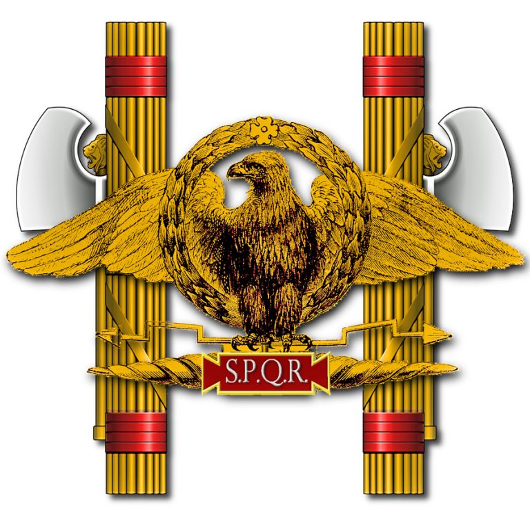 Two fasces with the imperial eagle. S.P.Q.R. is an abbreviation of “Senatus Populusque Romanus”, meaning “Roman Senate and People”. This is often seen in depiction of Roman military standards.