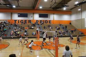 Bertille Kayembe goes up for the block in high school volleyball action.