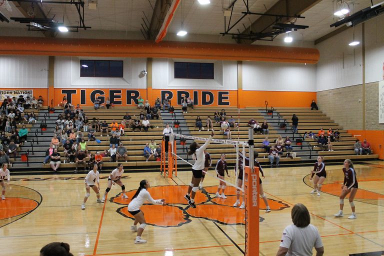 Bertille Kayembe goes up for the block in high school volleyball action.