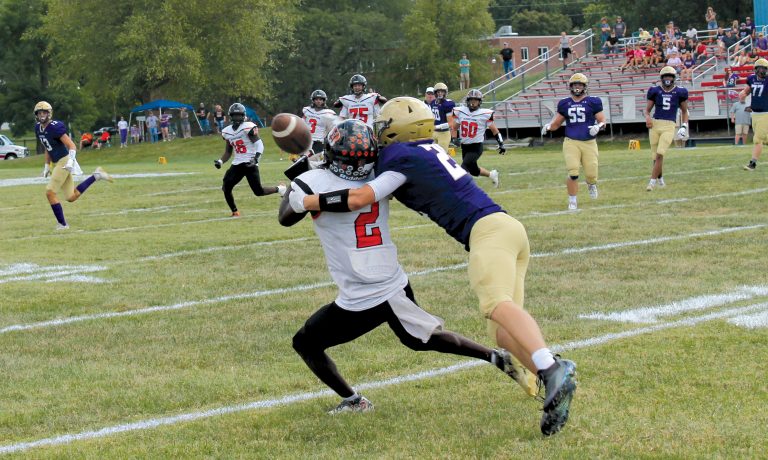 A stingy Routt defense exemplified by this perfectly timed pass break up led the Rockets to a 49-6 victory over Beardstown.