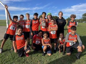Beardstown Middle School Boys Cross Country team are pictured with their plaque for winning first place at the Big 5 Conference Meet.