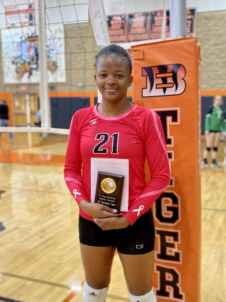 Pictured is Beardstown’s own, Bertille Kayembe, a member of the all-tournament team at the Lady Tiger Volleyball Tourney.  Kayembe had a great day statistically with 15 kills, 17 blocks, and four aces on the day.  Congratulations!