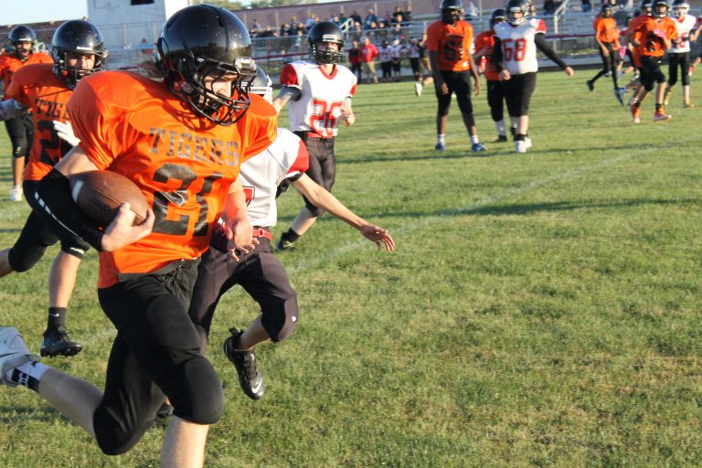 Tiger Junior High QB Caleb Hobrock heads for the endzone in a 48-8 win over the LVC Miners.