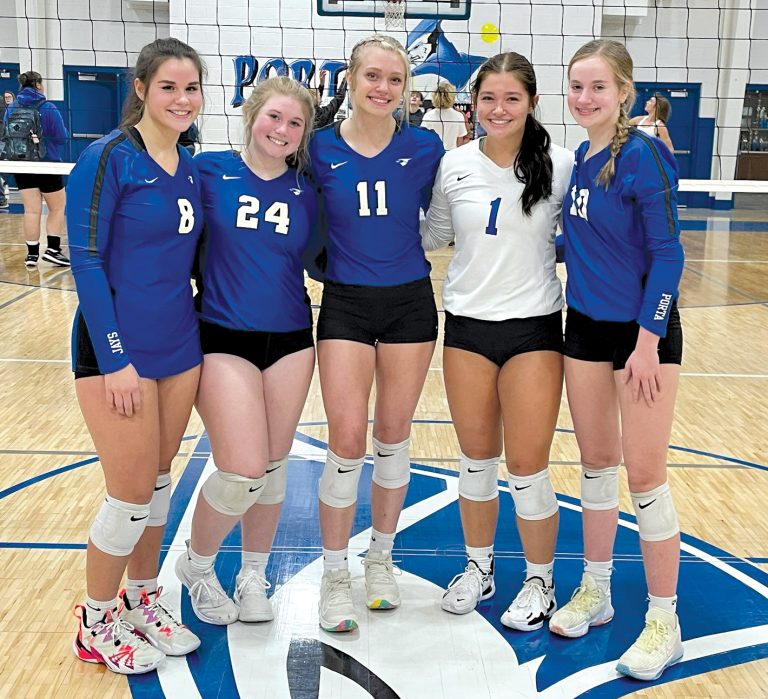 Seniors honored for their time playing volleyball for the Lady Bluejays  are pictured left to right, Rachel O’Brien, Madi Minor, Abby Bell, Addie Gallina, and Alaina Marr