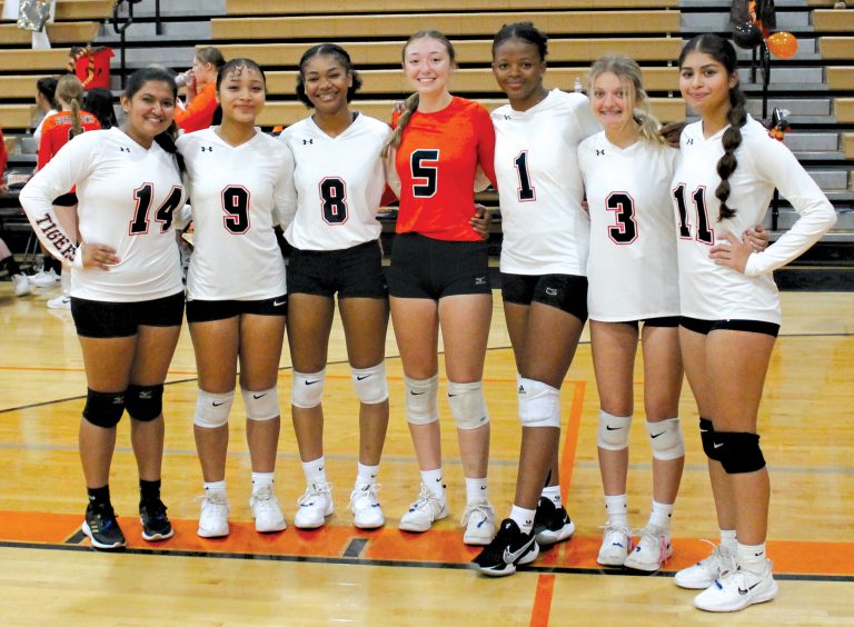 BHS Senior volleyball players (L/R) Krupa Patel, Genesis Perales, Chrinovie Kondua, Jaelyn Simpson, Bertille Kayembe, Emma Hymes and Ari Garcia were honored before their home victory over North Greene.