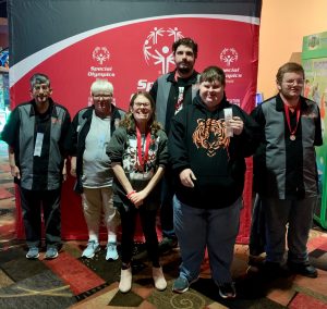 Beardstown Area Special Athletes who recently competed in the Sectional Bowling competition. Pictured are back row left to right: Rajat Nijhawan, Jennifer Thurman, Dalton Davis, CJ Evans.  Front row left to right: Danielle Derham and Phillip Baer.