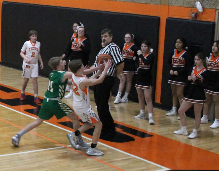 Colby DeSollar of the Tigers battles a Brown County Hornet for the ball in the final home game of the season for junior high basketball.