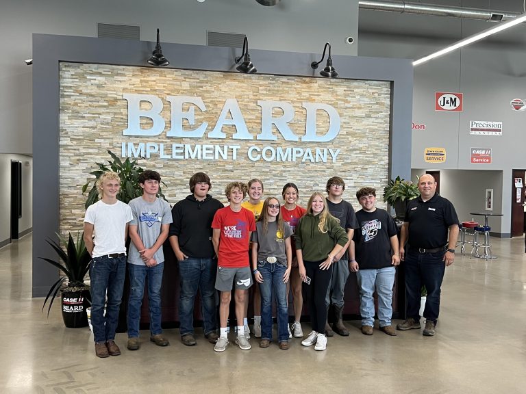 Pictured above, left to right include: Chase Pratt, Brayden Buffington, Wyatt Ratliff, Griffin McClure, Jayce Privia, Tara Taft, Lainey Bartels, Lillian Abbottt, Drake Kennedy, Jonathon Green, and Beard Implement co-owner and manager Kyle Schumacher.