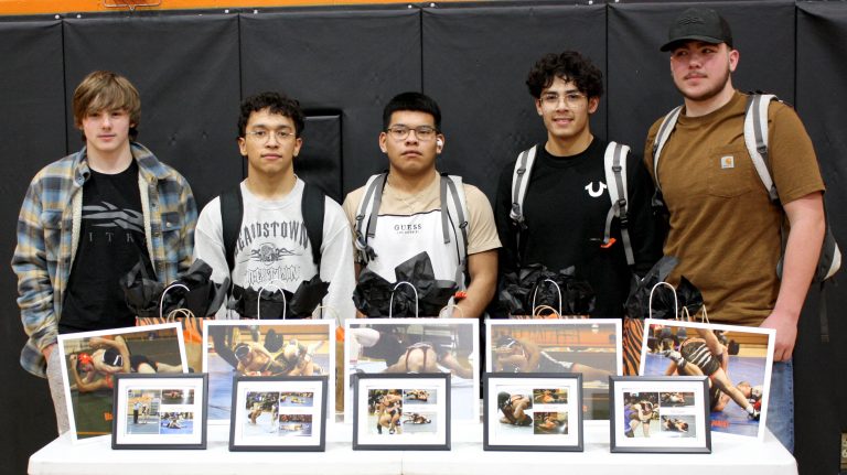 Honored at their final home meet were Beardstown senior wrestlers (L/R) Blake Davis, Jonny Marquez, Kevin Larios, Bryan Gil and Owen O’Hara.