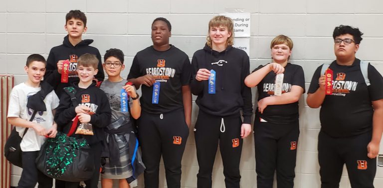 Pictured (L/R) are the Sectional qualifiers for the Beardstown Middle School Wrestling Team:  Devin Davis, Maddox Medrano, Jude Dawson, Diego Gil, Shadrack Mahfina, Caleb Hobrock, Logan Haverback, Josue Vasquez.