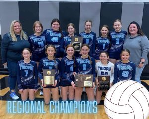 The Triopia-Meredosia Lady Trojan 8th grade volleyball team is pictured following their Regional Championship win.  They lost their first game of the season in the sectional to finish 24-1.