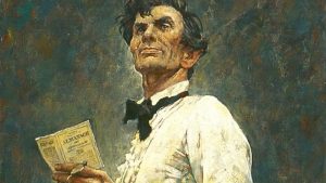 Abraham Lincoln showing an 1857 almanac to the jury during the famous Armstrong murder trial in the spring of 1858. The original of this Norman Rockwell painting hangs in The Norman Rockwell Museum in Stockbridge, Massachusetts. Photo Credit Yankee Archives