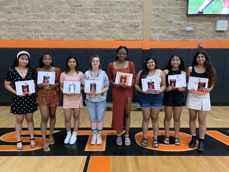 The BHS Lady Tiger Soccer team said goodbye to seniors left to right,  Lindsay Cuizon, Davina Kanda, Bethzy Rodriguez, Sadie Collins, Bertille Kayembe, Krupa Patel, Genesis Perales, Aranzazu Garcia at their end of year banquet