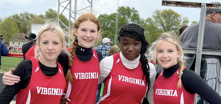 The Virginia-Triopia Junior High 4x100 relay team of (L/R) Jersey Henson, Ava Petefish, Ta’Shia Allen and Maggie Parlier qualified for the State Meet to be held May 12 and 13 in East Peoria.  Petefish also qualified for the State Meet in the long jump.